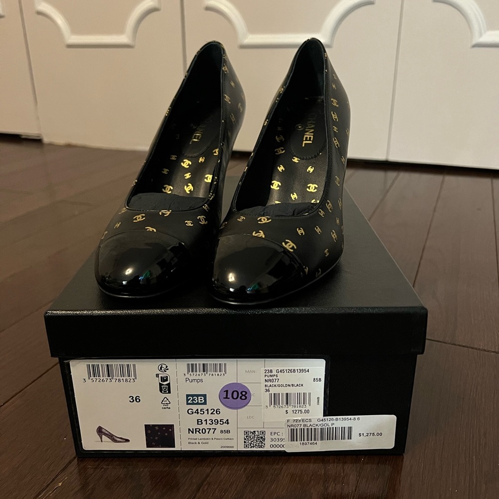 Chanel Black Patent Leather Heels with Gold Accents